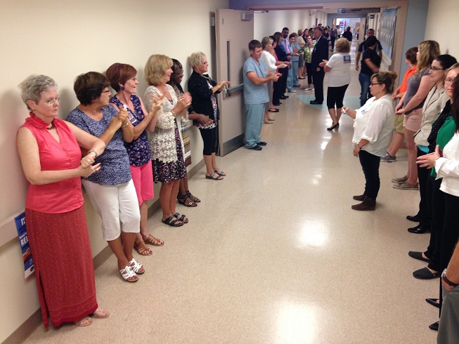 Hand Hygiene Relay stretches down the hall